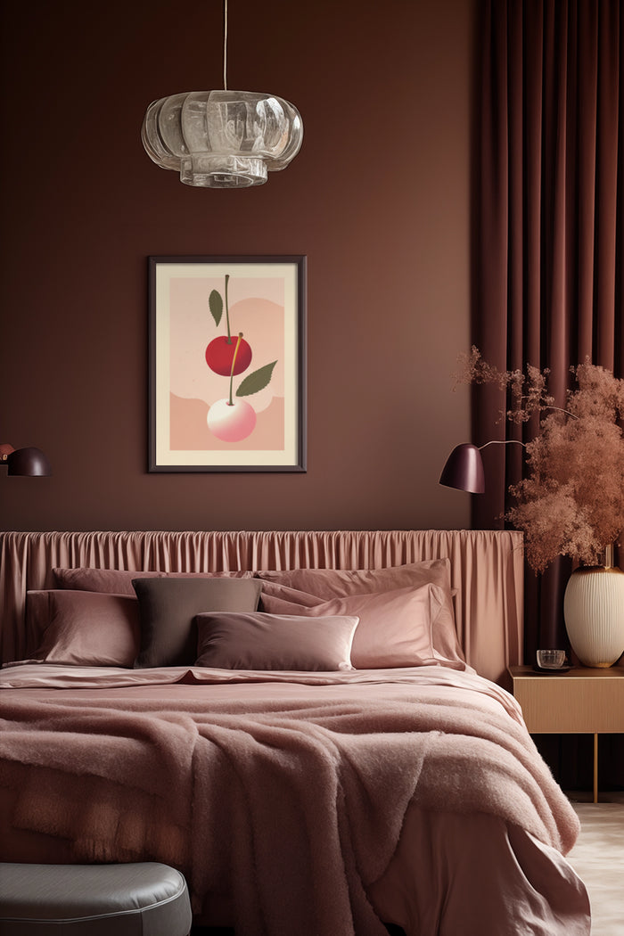 Contemporary bedroom with a modern abstract cherry artwork poster on the wall