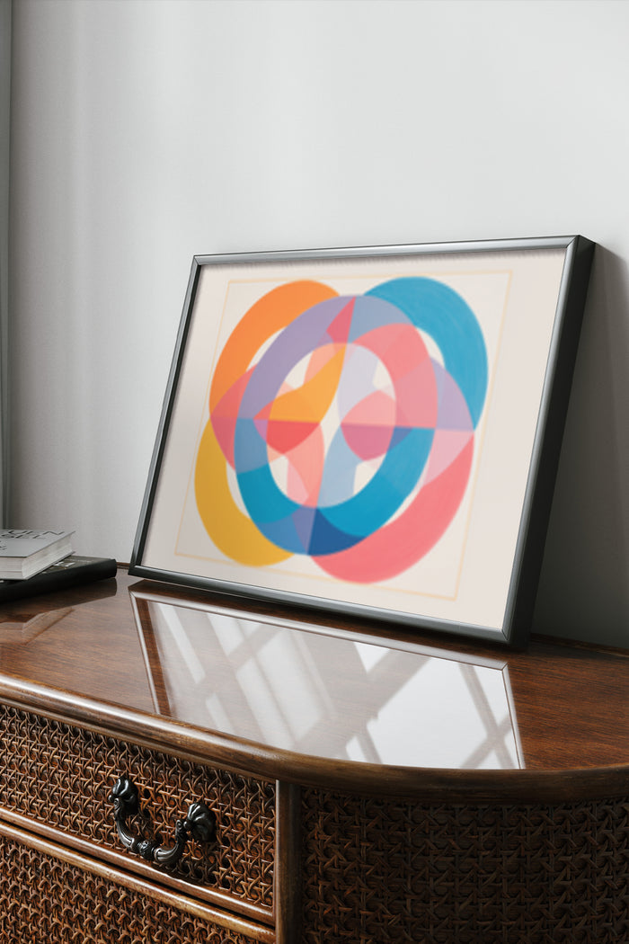 Colorful modern abstract circle design artwork in a frame displayed on a wooden sideboard