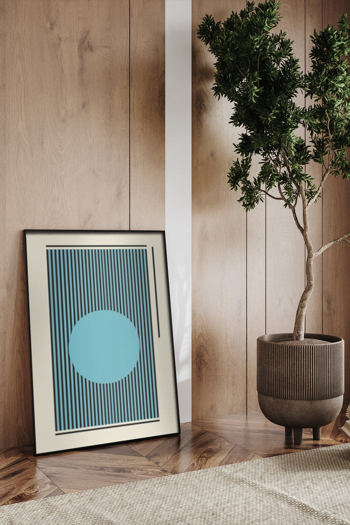Contemporary blue circle and vertical lines abstract art poster in stylish room with potted tree