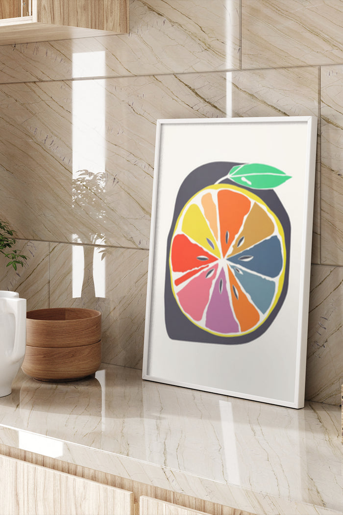 Colorful abstract citrus fruit graphic poster in a modern interior setting