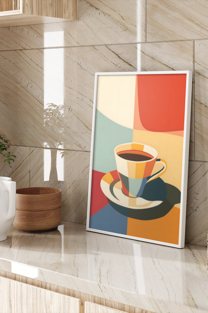 Modern abstract coffee cup poster in a contemporary interior setting