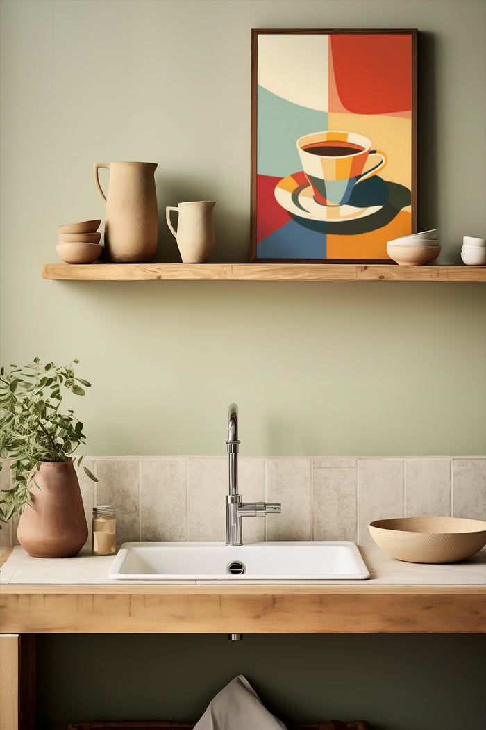 Modern abstract coffee cup poster on wall above wooden kitchen shelf with ceramics