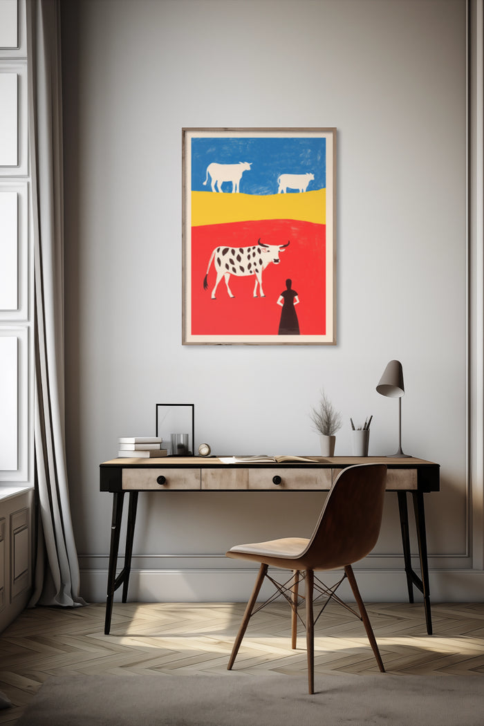 Contemporary abstract art poster featuring cows in a colorful room setting
