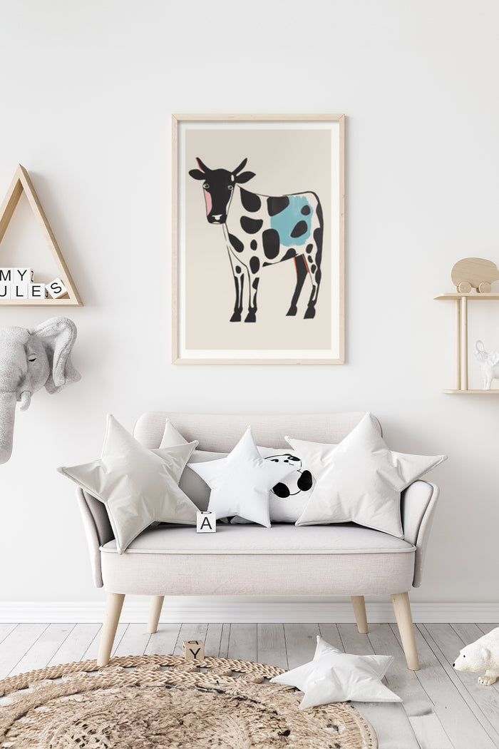 Minimalist abstract cow illustration poster displayed in a stylish living room