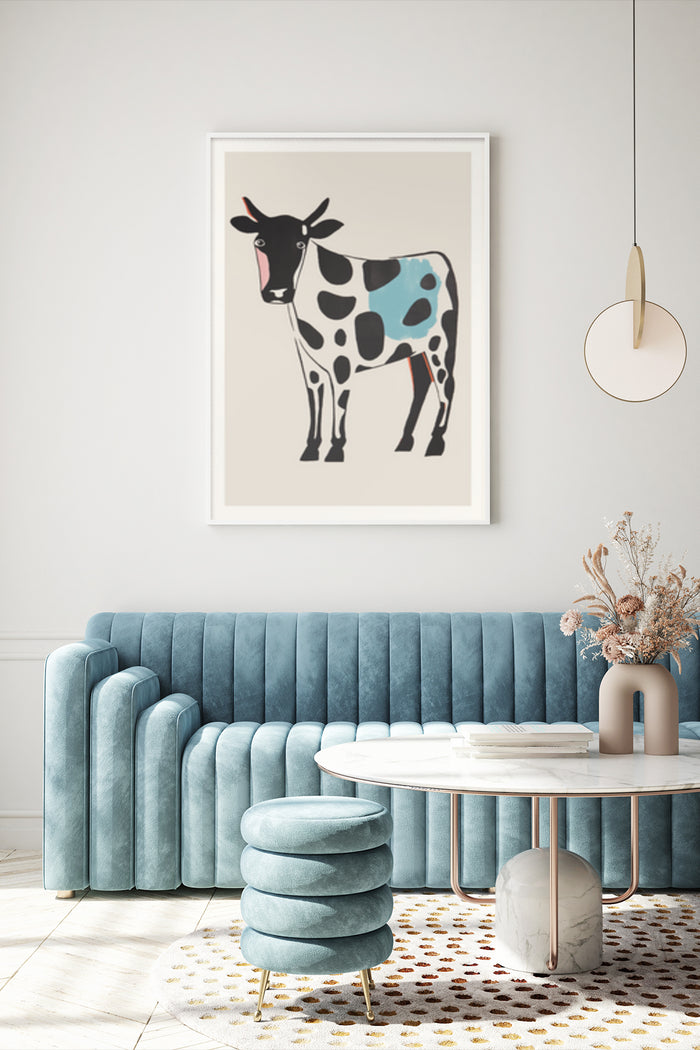 Stylized contemporary cow artwork poster hanging above blue velvet couch in modern interior design