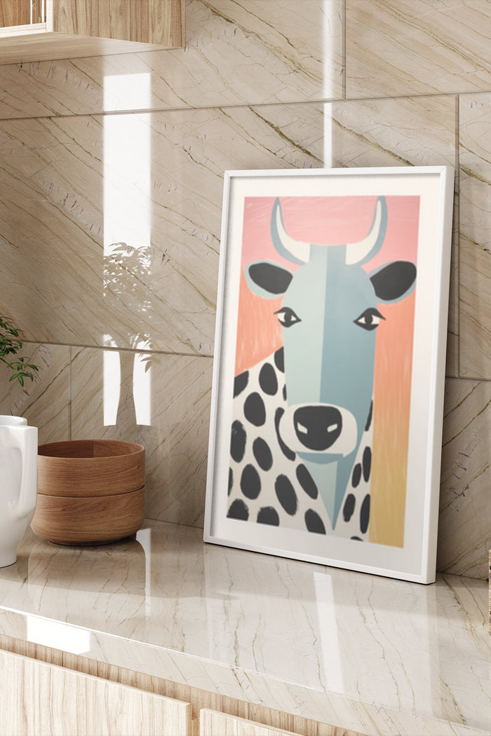 Modern Abstract Cow Portrait Poster in Stylish Interior Setting