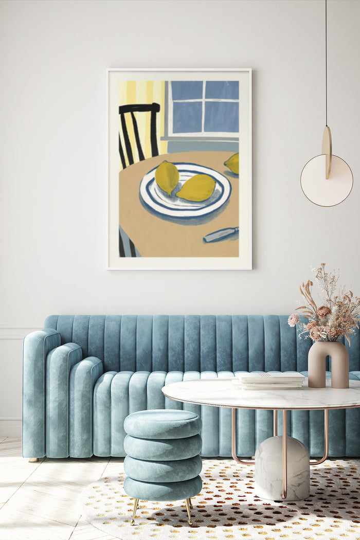 Stylish interior with modern abstract art poster depicting dining table scene