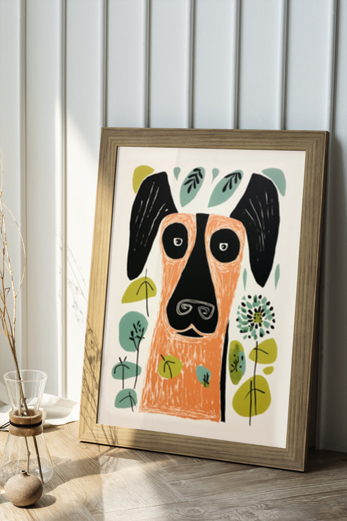 Abstract modern art illustration of a dog surrounded by colorful plant motifs in a wooden frame
