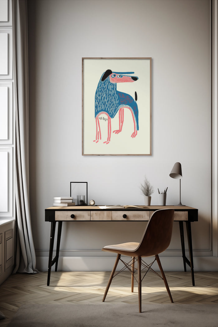 Abstract blue and pink dog artwork on poster in a stylish home office interior