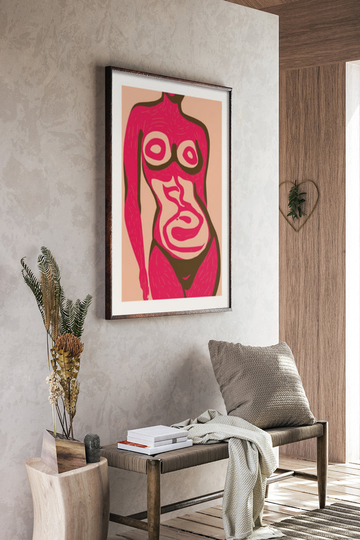 Modern abstract face illustration in pink and beige tones, artwork poster in a contemporary living room setting