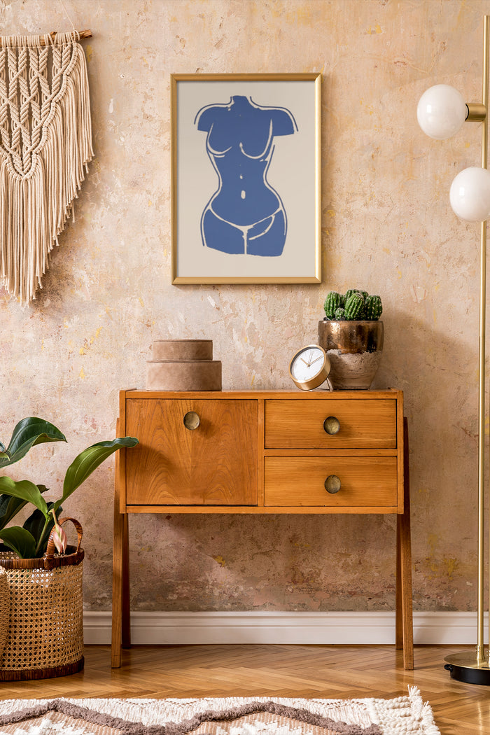 Abstract female figure line art poster in modern home interior with wooden furniture and decorative plants