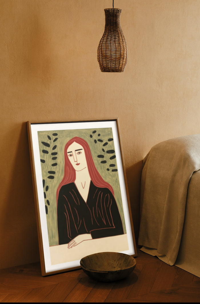 Stylized abstract portrait of a woman with red hair in a black outfit, framed art displayed in a cozy room setting