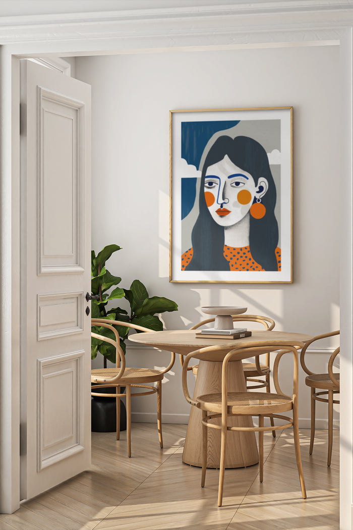 Stylish Interior with Modern Abstract Female Portrait Artwork in Gold Frame