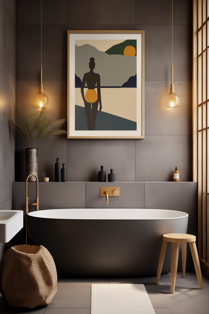 Modern abstract figure painting in a sophisticated bathroom setting with elegant fixtures