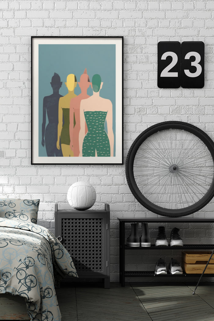Abstract Modern Art Poster of Stylized Figures in Bedroom Setting