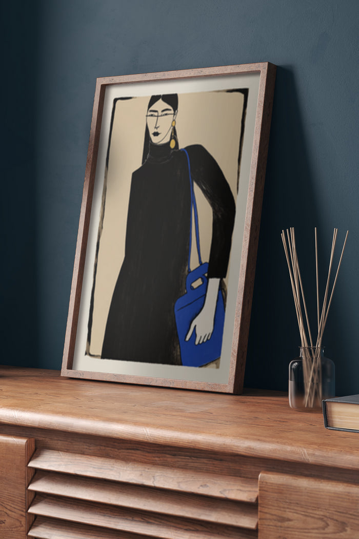 Modern abstract artwork of a figure with black attire and blue handbag displayed on wooden dresser