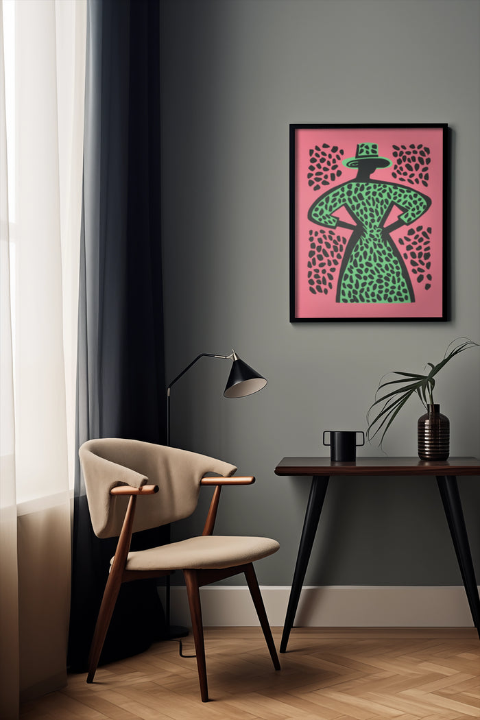 Minimalist abstract figure artwork in stylish interior setting with modern furniture