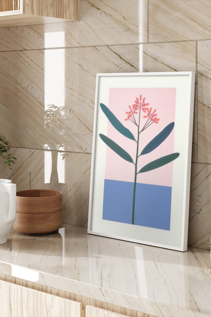 Stylized abstract red flower illustration framed art poster in a contemporary home setting