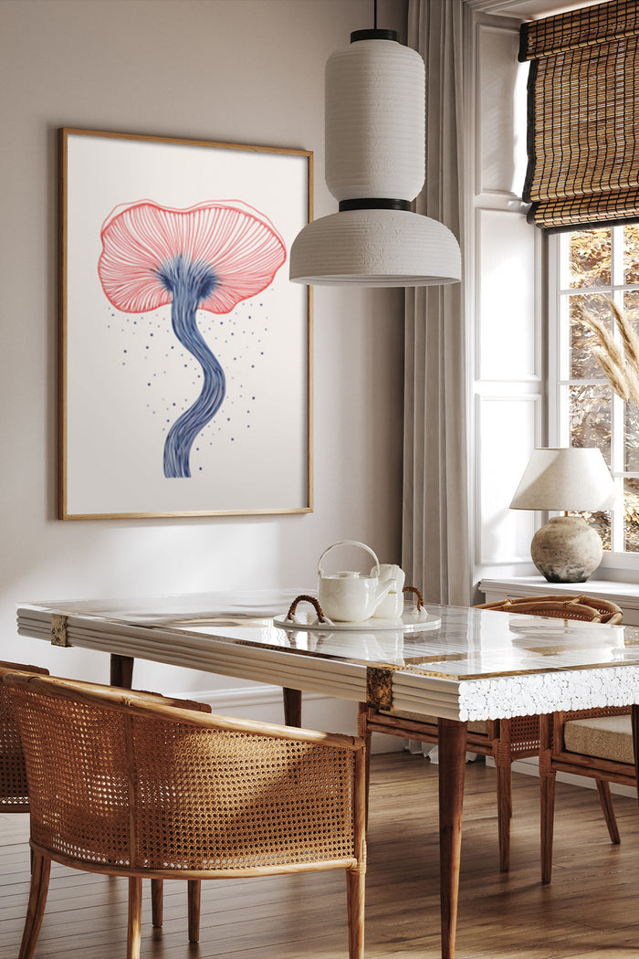 Modern abstract pink flower illustration poster in a contemporary dining room setting
