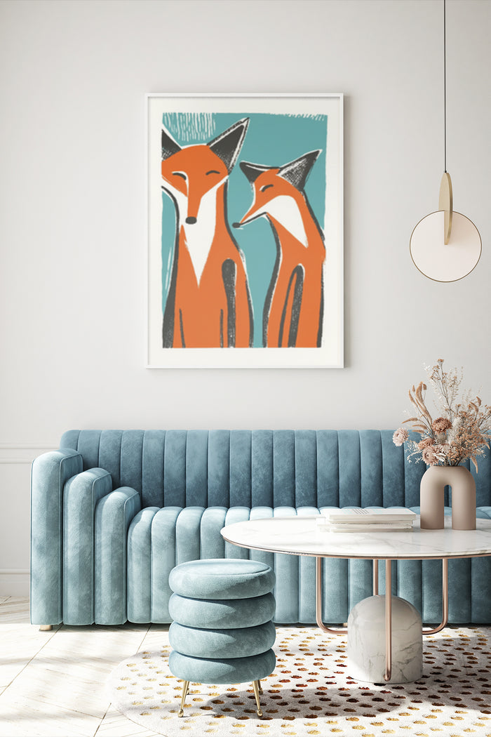 Modern abstract foxes poster artwork in stylish interior with teal sofa and marble coffee table