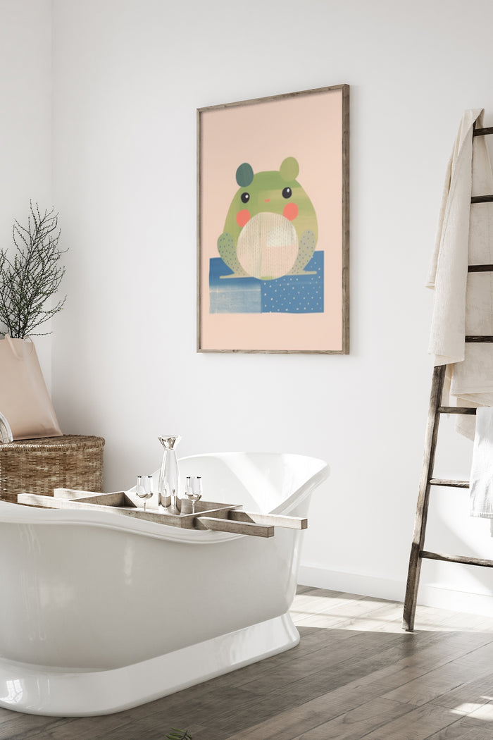 Stylish abstract frog poster with pastel colors displayed in a contemporary bathroom interior