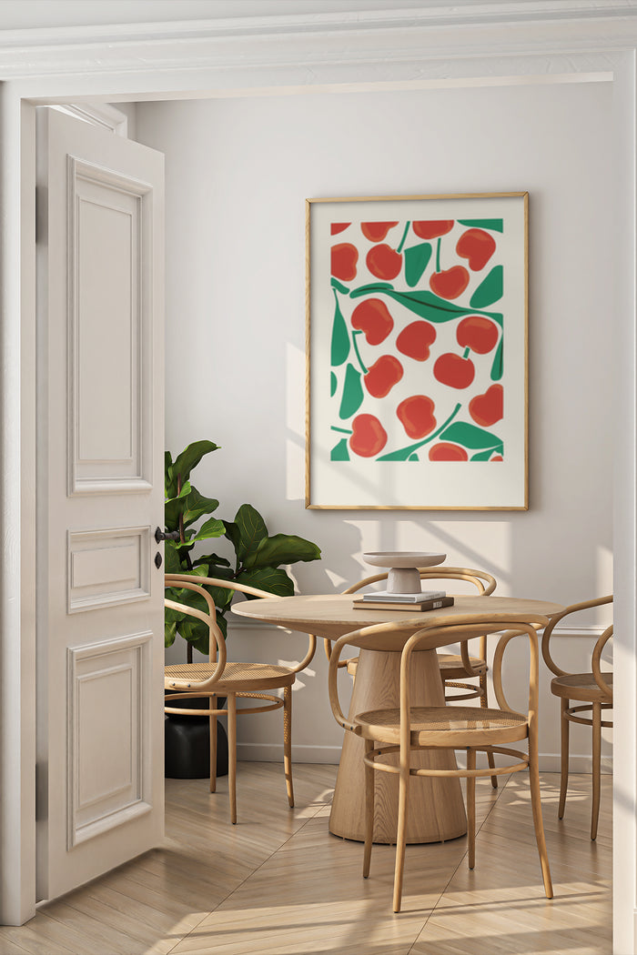 Modern Abstract Red Fruit Art Poster in Contemporary Dining Room Interior Design