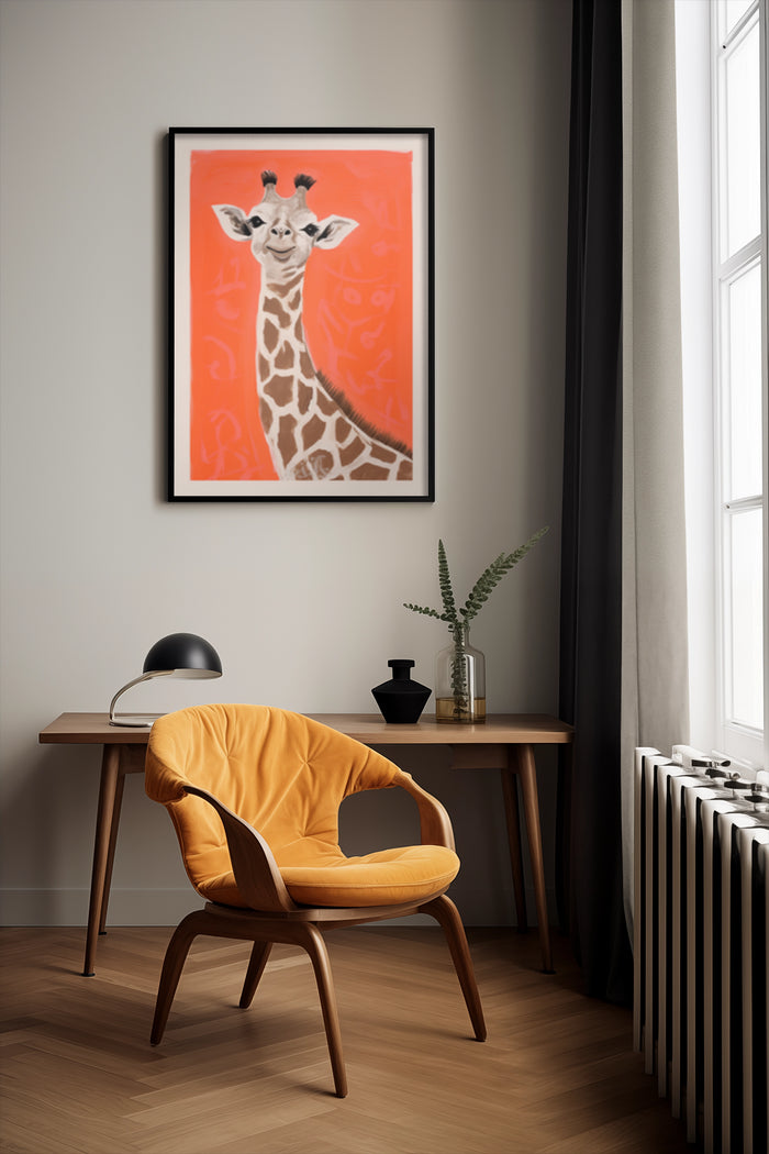 Modern abstract giraffe painting with vibrant orange background displayed in a stylish room setting