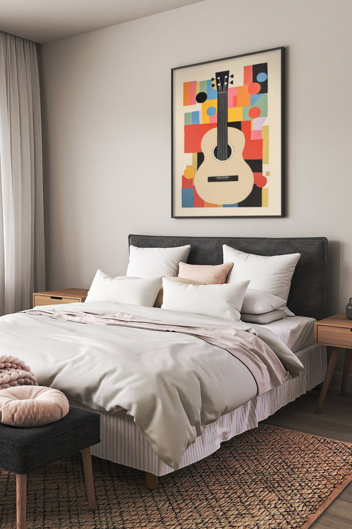 Contemporary abstract guitar poster in colorful geometric style as bedroom wall art