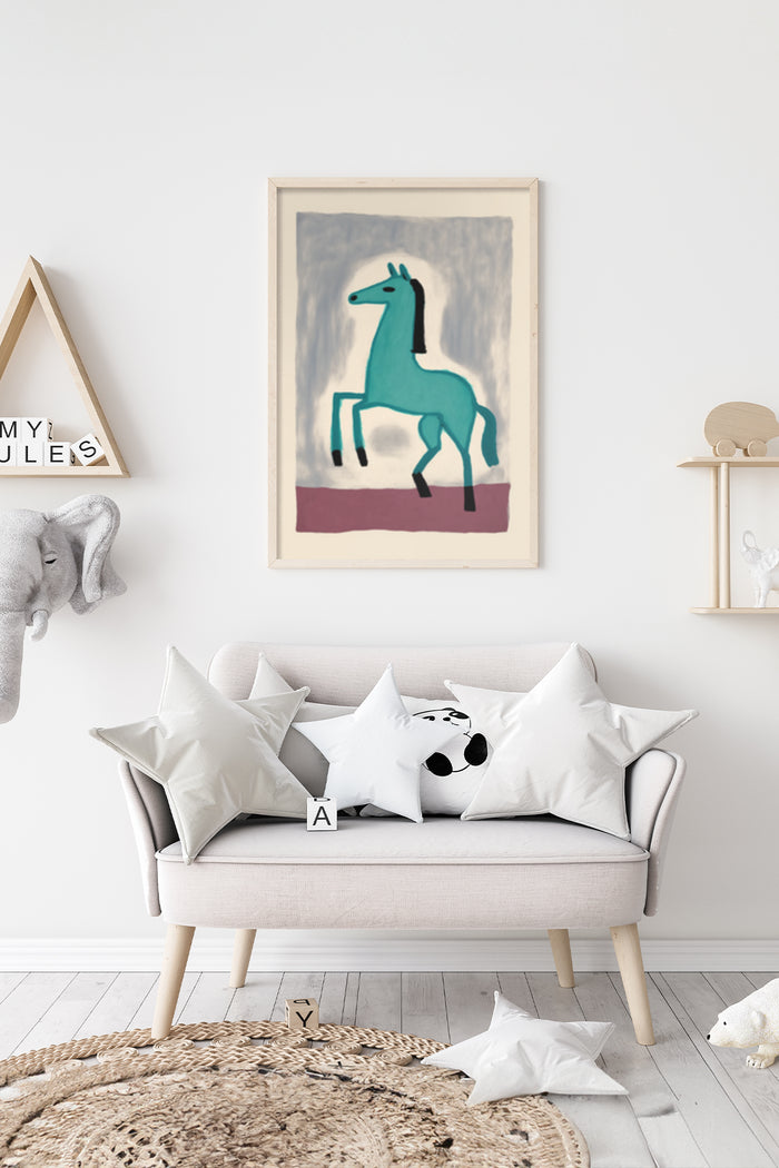 Abstract horse artwork poster displayed in a contemporary living room
