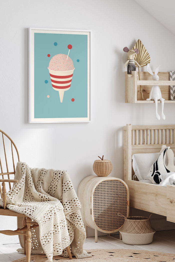 Modern abstract ice cream cone poster in stylish interior design setting