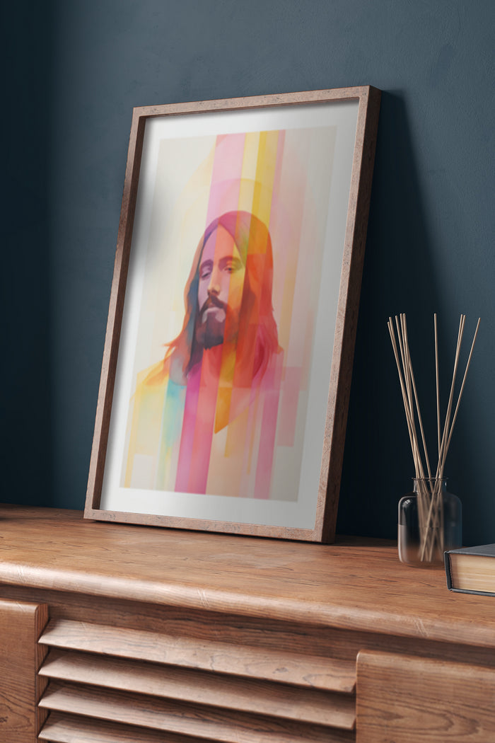 Modern abstract portrait artwork of Jesus with colorful stripes displayed in a frame on a wooden sideboard