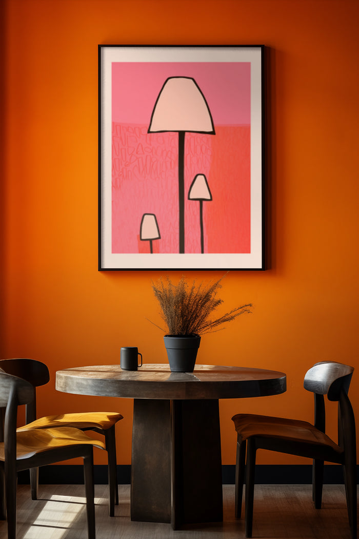 Modern abstract lamp artwork in stylish interior with orange walls and contemporary furniture