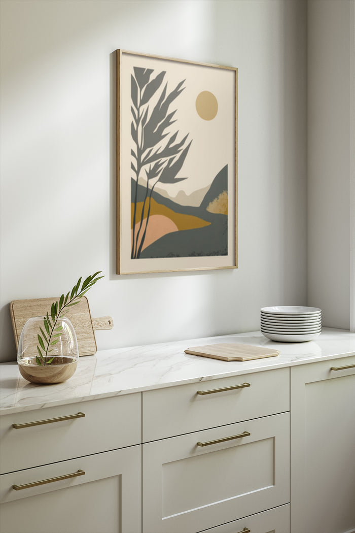 Modern abstract landscape art poster with sun and foliage in a stylish kitchen setting