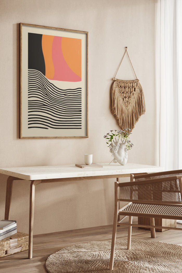 Modern Abstract Landscape Poster with Wavy Lines and Warm Tones Displayed in a Stylish Home Office