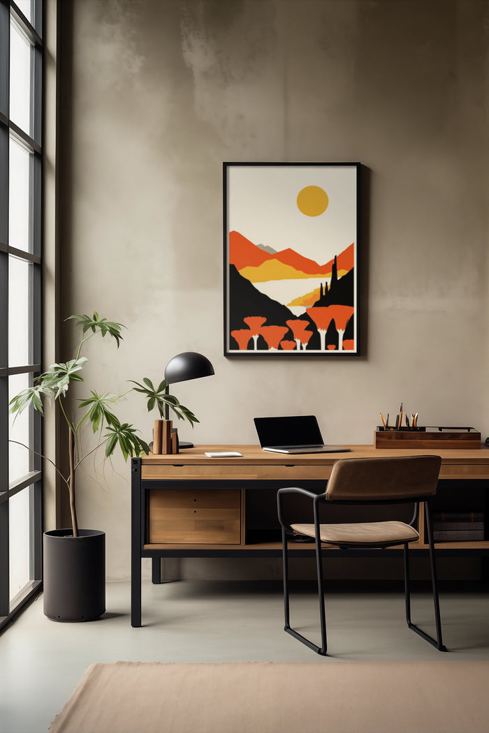 Stylish home office interior with modern abstract landscape poster