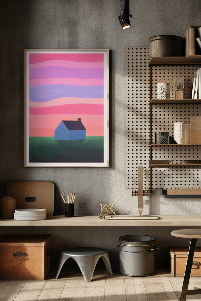 Modern abstract landscape poster with colorful stripes and small house on display in stylish interior setting