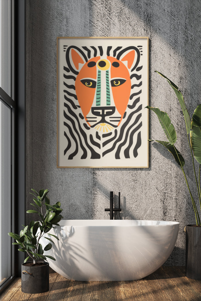 Abstract geometric lion poster artwork hanging in a modern bathroom interior