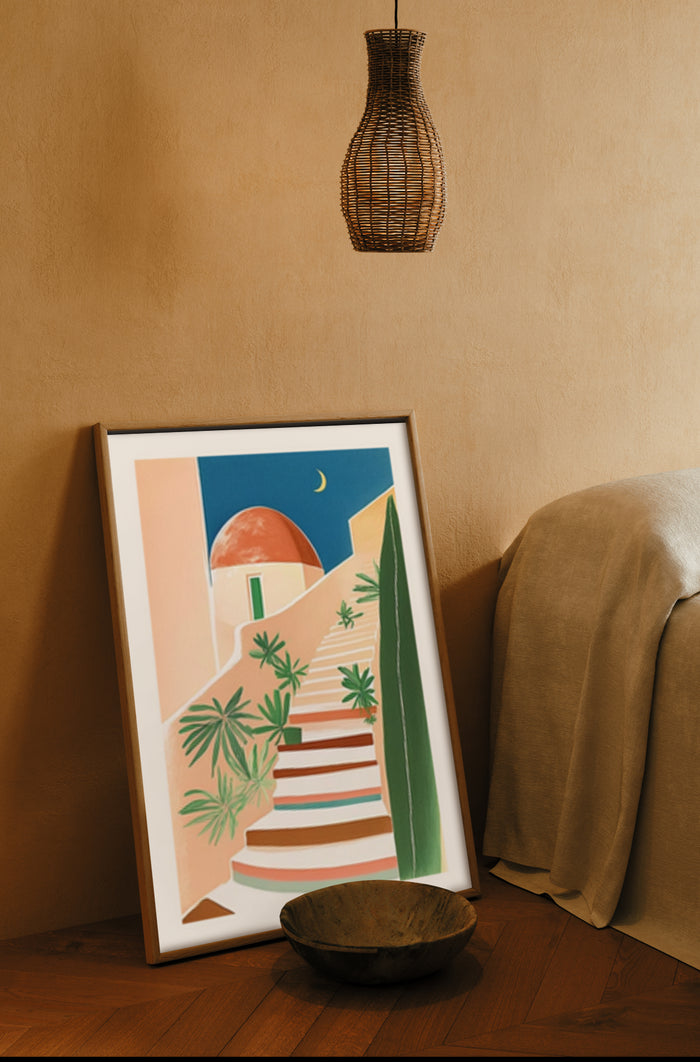 Abstract Mediterranean style poster art with stairs, palm trees, and crescent moon in a cozy room ambiance