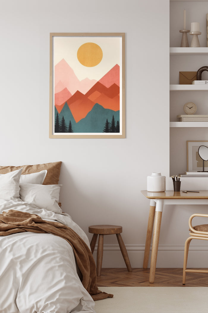 Abstract mountain range poster with sun and trees in a bedroom setting for wall decor
