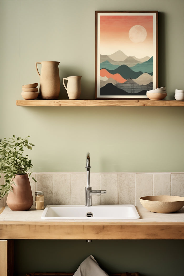 Stylish abstract mountain range poster with warm colors above kitchen sink on wooden shelf