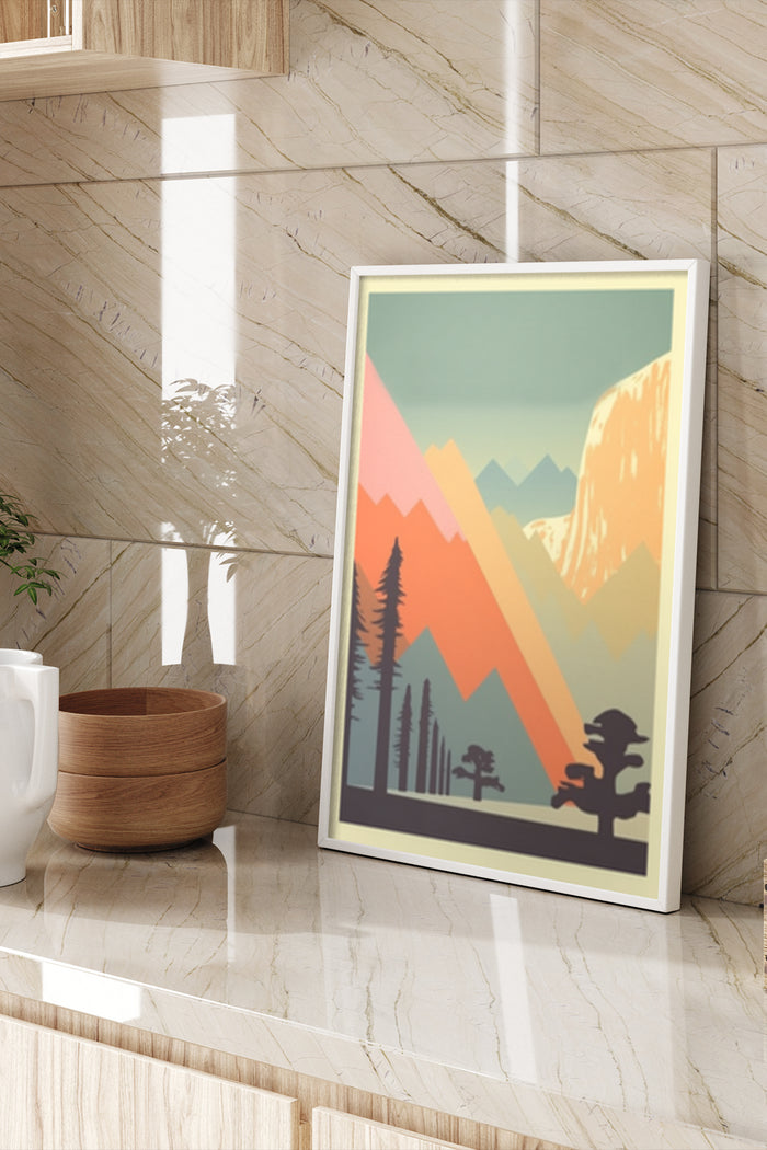 Colorful abstract mountain landscape poster in a stylish interior