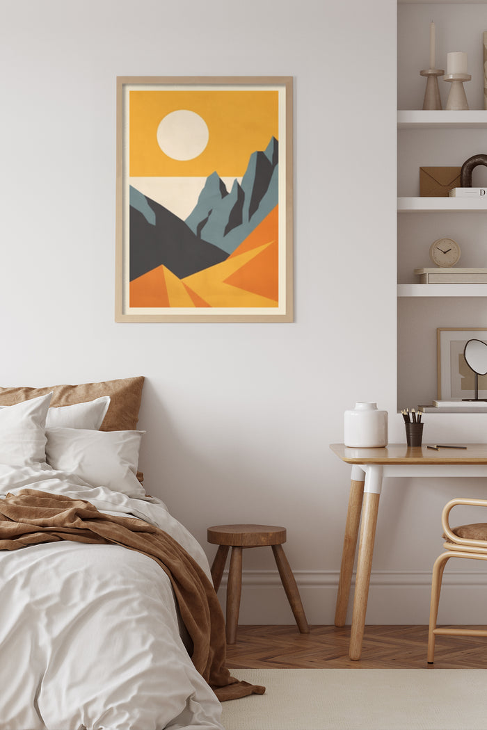 Modern abstract mountain landscape poster in a bedroom setting, showcasing warm color palette and geometric style