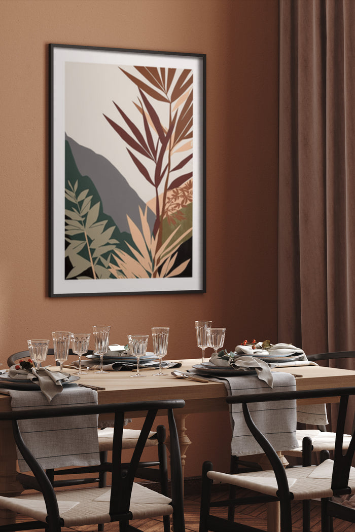 Modern abstract mountain landscape poster in a stylish dining room setting