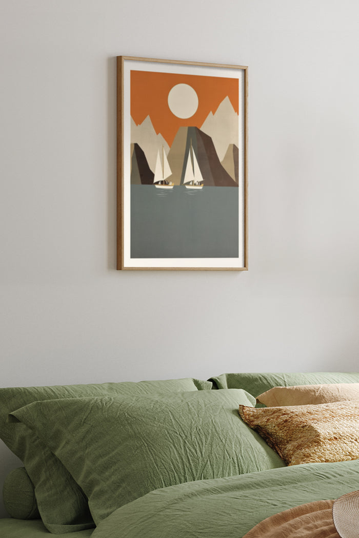 Modern Abstract Art Poster Featuring Mountain Landscape with Sailboats and Sunset