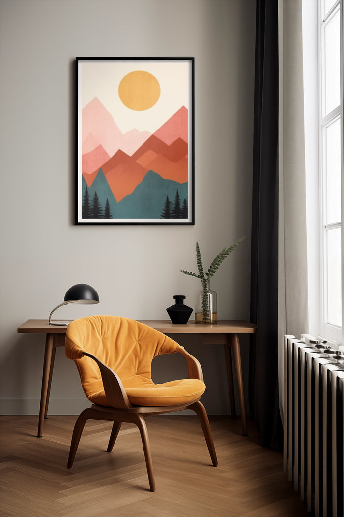 Abstract mountain landscape poster with sun illustration in contemporary home interior