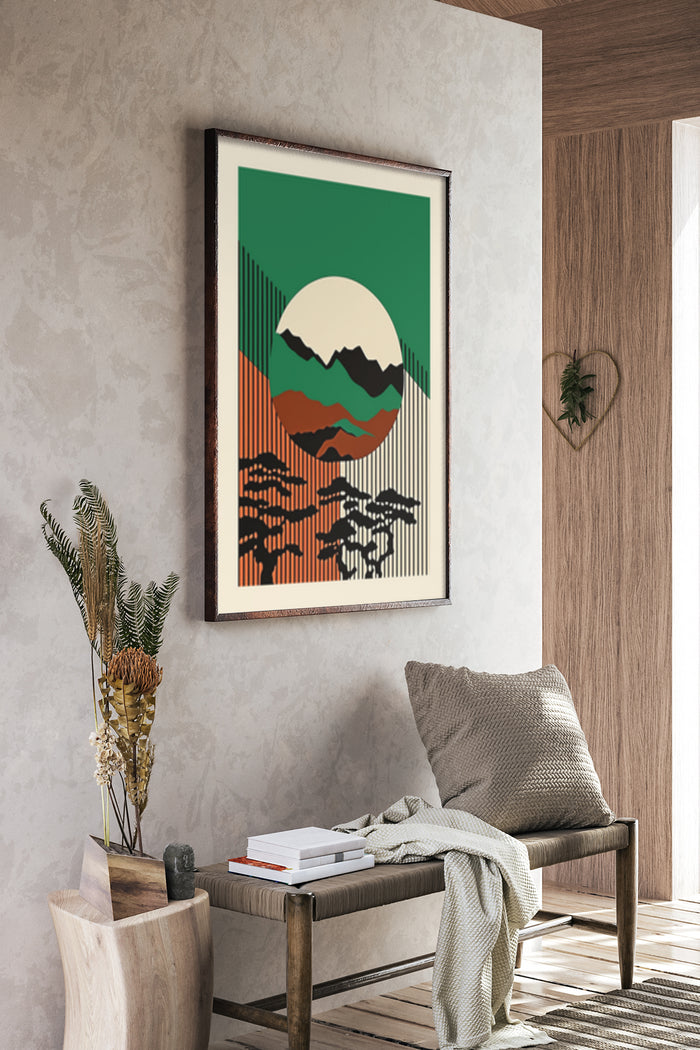 Modern abstract poster featuring stylized sunrise over mountains design in living room interior