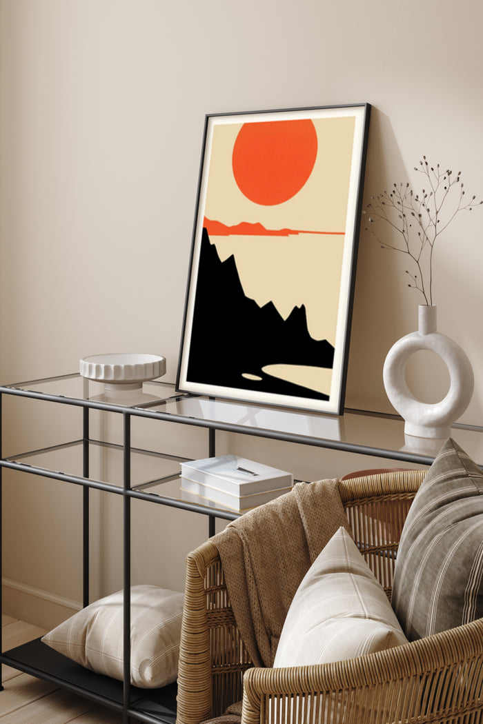 Abstract modern art poster of mountain and sunrise in stylish living room setting