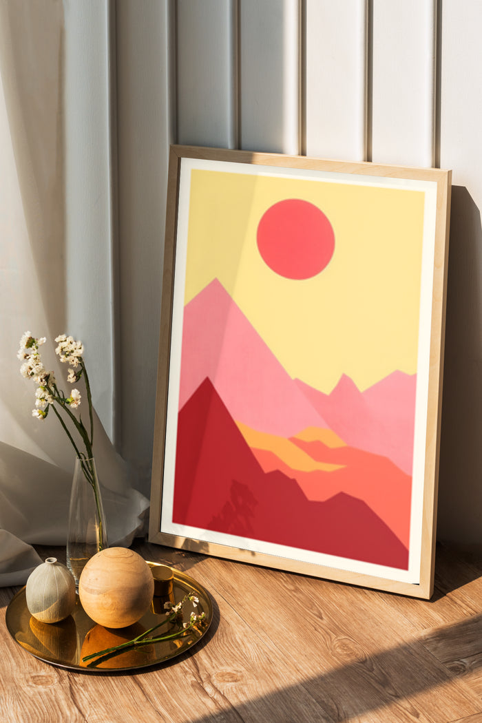 Modern abstract mountain sunrise artwork in poster frame for home decoration