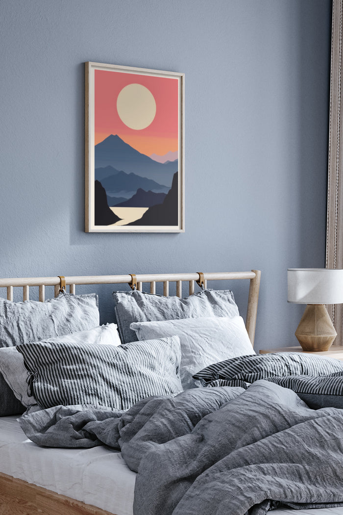 Modern abstract mountain sunset poster in bedroom setting