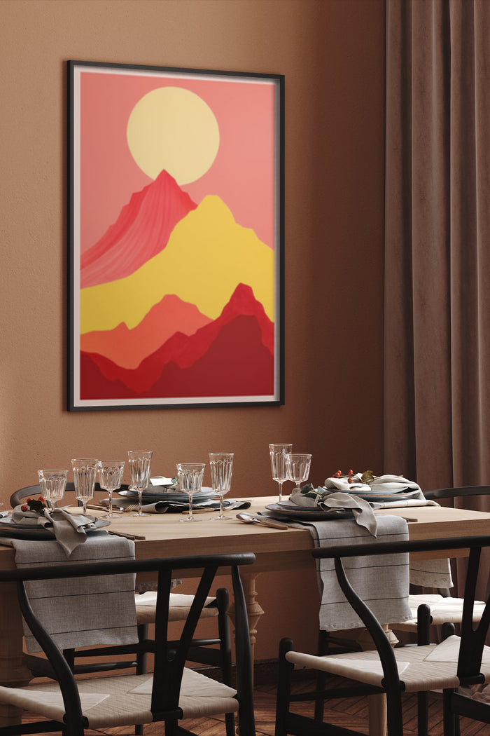 Modern abstract mountain and sun poster in stylish dining room interior